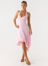 Faelie Halter Neck Asymmetrical Midi Dress Pink