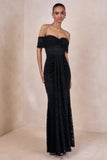 Aries Black Lace Bardot Neck Maxi Dress With Gathered Detailing