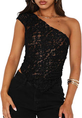 Women One Shoulder Lace Top Irregular Hem Backless Crop Tops See Through Sheer Tank Tops Going Out Clubwear