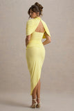 Enchant Lemon Asymmetric Twisted Cape Midi Dress