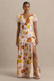 Ginny Bright Floral Print Puff Sleeve Split Maxi Dress