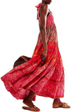 Women Floral Maxi Dress Tie Shoulder Patchwork Smocked Flowy Boho Dress with Pockets Summer Vacation Sundress