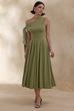 Daring Olive Asymmetric Neck Midi Dress With Knot Detail