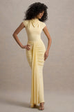 Lorenza Pale Lemon High Neck Ruched Maxi Dress With Draped Skirt