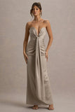 Mackenzie Champagne Satin Plunge Neck Draped Maxi Dress