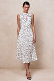 Avalon White Polka Dot Scarf Neck Midi Dress With Pleated Skirt