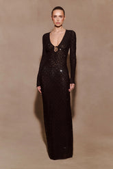 Acadia Diamante Long Sleeve Maxi Dress Black