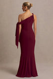 Orielle Burgundy Asymmetric Neck Maternity Maxi Dress With Knot Sleeve And Sash