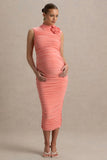 Shellie Coral High Neck Maternity Midi Dress With Corsage Detail