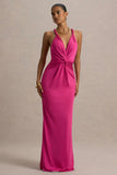 Santez Hot Pink Twisted Plunge Neck Maxi Dress