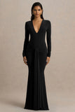 Saffie Black Extreme Plunge Wrap Maxi Dress With Long Sleeves And Ruched Detailing