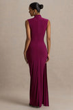Solene Burgundy High Neck Maxi Dress With Wrap And Drape Detail