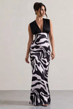 Azzara Zebra Print Satin Ruched V Neck Maxi Dress