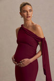 Orielle Burgundy Asymmetric Neck Maternity Maxi Dress With Knot Sleeve And Sash