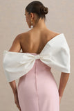 Lucille Rose Pink Asymmetric Bardot Midi Dress With Bow Detail