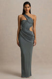 Serefine Grey Asymmetric Neck Maxi Dress With Body Cut Out