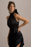 Maureen Black Satin High Neck Draped Maxi Dress