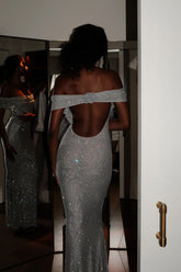 Arna Off Shoulder Diamante Maxi Dress Silver
