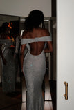 Arna Off Shoulder Diamante Maxi Dress Silver