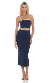 Cutout Strapless Midi Dress in Navy