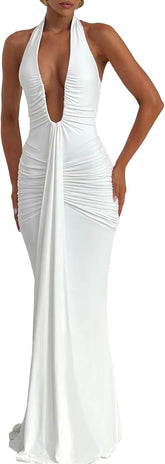 Women Deep V Neck Ruched Maxi Dress Sleeveless Halter Gown Cocktail Evening Formal Dresses