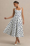 Berta White And Navy Polka Dot Square Neck Midi Dress