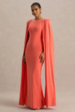 Mimi Coral High Neck Maxi Dress With Cape Sleeve Detail
