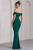 Law of Attraction Bottle Green Bardot Draped Split Maxi Dress