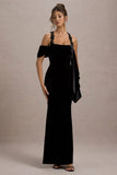 Charlize Black Velvet Halter Neck Draped Maxi Dress