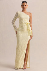 Norna Lemon Lace Asymmetric Neck Maxi Dress With Cut Out And Bow Details