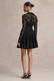Elowen Black Square Neck Mini Dress With Lace Sleeves