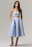 Iris Blue Satin Pleated Midi Skirt