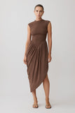 Nola Shirred Asymmetric Midi Dress Mocha