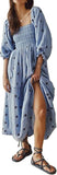Women Floral Embroidered Maxi Dress Long Puff Sleeve Square Neck Bohemian Flowy Dress with Pockets Summer Fall