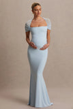 Dome Powder Blue Square Neck Mesh Sleeve Maternity Maxi Dress