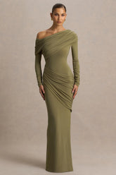 Perrie Olive Asymmetric Neck Maxi Dress With Ruched Detailing
