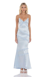 Satin V Neck Ruffle Mermaid Maxi Dress in Light Blue