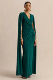 Ulissia Bottle Green V Neck Maxi Dress With Cape Sleeves