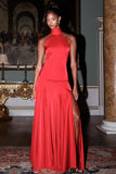 Luscious Red High Neck Maxi Dress With Drop Waist And Bow Detail