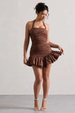 Zahra Chocolate Brown Halter Neck Ruched Mini Dress With Ruffle Hem