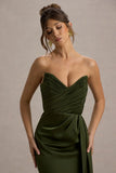 Edel Olive Satin Strapless Maxi Dress With Drape