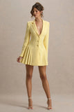 Blossoming Lemon Plunge Neck Tailored Mini Dress With Pleating