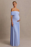 Juliette Powder Blue Bardot Neck Maternity Maxi Dress With Drop Waist