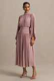 Annabel Dusty Pink High Neck Midi Dress With Drop Waist And Pleated Detailing