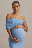 Jen Powder Blue Bardot Twisted Maternity Midi Dress