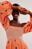 Women Floral Embroidered Maxi Dress Long Puff Sleeve Square Neck Bohemian Flowy Dress with Pockets Summer Fall