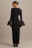 Retreat Black Square Neck Maxi Dress With Satin Puff Sleeves