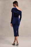 Eirene Blue Velvet Asymmetric Neck Midi Dress