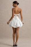 Faye White Puff Ball Bandeau Micro Mini Dress With Ruching Details