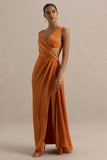 Livia Orange Plunge Neck Fishtail Maxi Dress